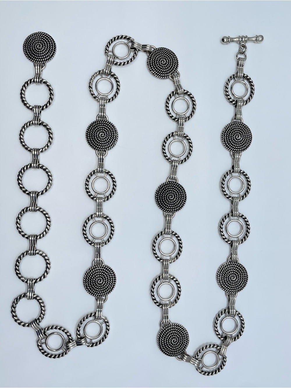 Silver Tone Metal Chain Link Belt 44” Boho Statement Cable Disc Toggle